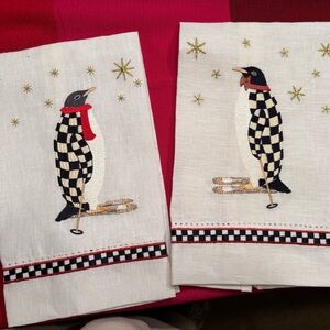 MacKenzie-Childs Festive Penguin Kitchen Towels - Black, White, Red, Gold